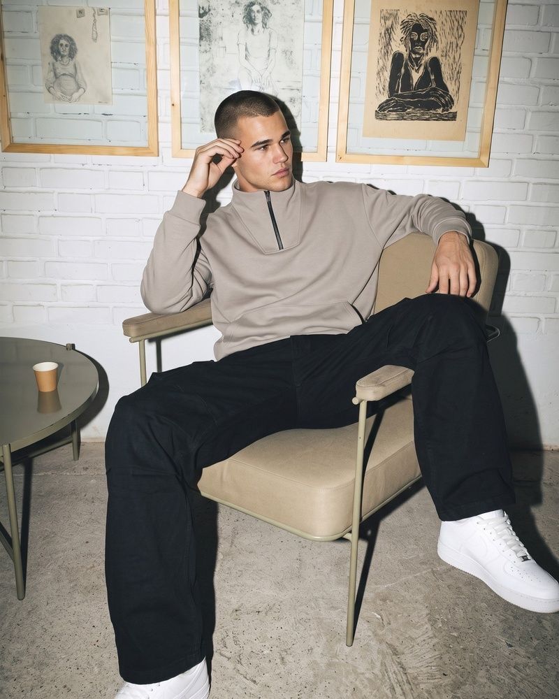 Мужская хлопковая толстовка Nordvik Tech-Blend Quarter Zip с антистатическим эффектом Khaki, XL
