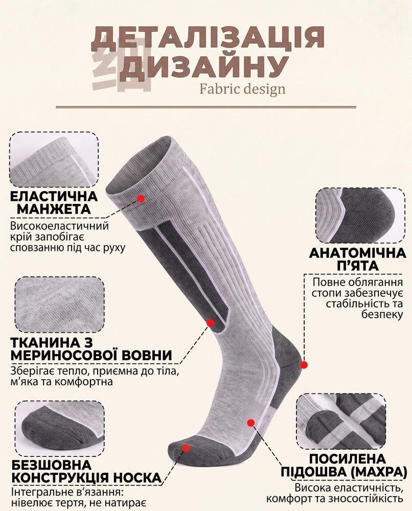 Женские горнолыжные термоноски Nordvik AlpineWool Pro с шерстью мериноса, 3D-пяткой и махровой подошвой Grey