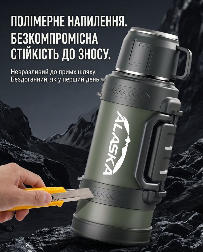 Износостойкий вакуумный термос ALASKA Titan Pro из антикоррозионной стали 316 с ремешком, ситечком и крышкой-чашкой 1700 мл