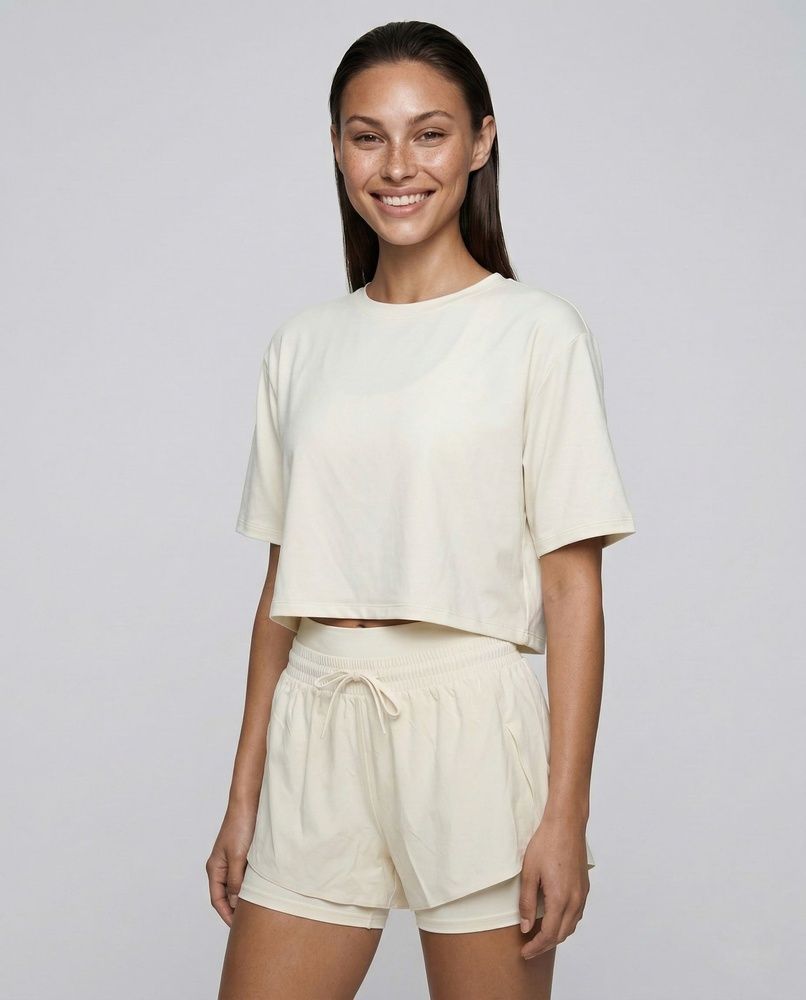 Жіночі спортивні шорти 2-в-1 з подвійним поясом Nordvik AuraStride Double-Waist Cool-Touch Coconut White, M