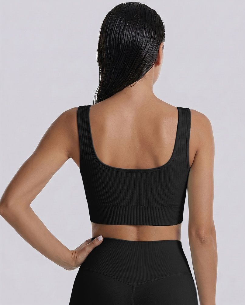 Женский спортивный топ Nordvik Ribbed-Motion Sculpt: Бесшовная поддержка Pulse-Pro в рубчике с эффектом Cool-Touch Black
