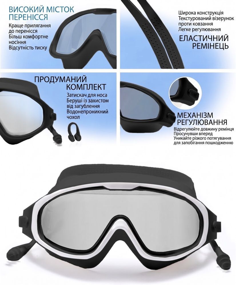 Очки для плавания Nordvik HorizonPro панорамные с антифогом и UV-защитой Black
