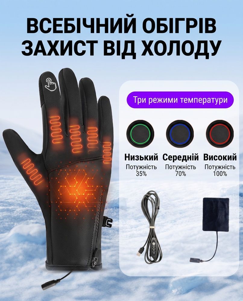 Зимние термоперчатки с USB-подогревом Nordvik ThermoCore Elite 5X - водонепроницаемые смарт-перчатки Black