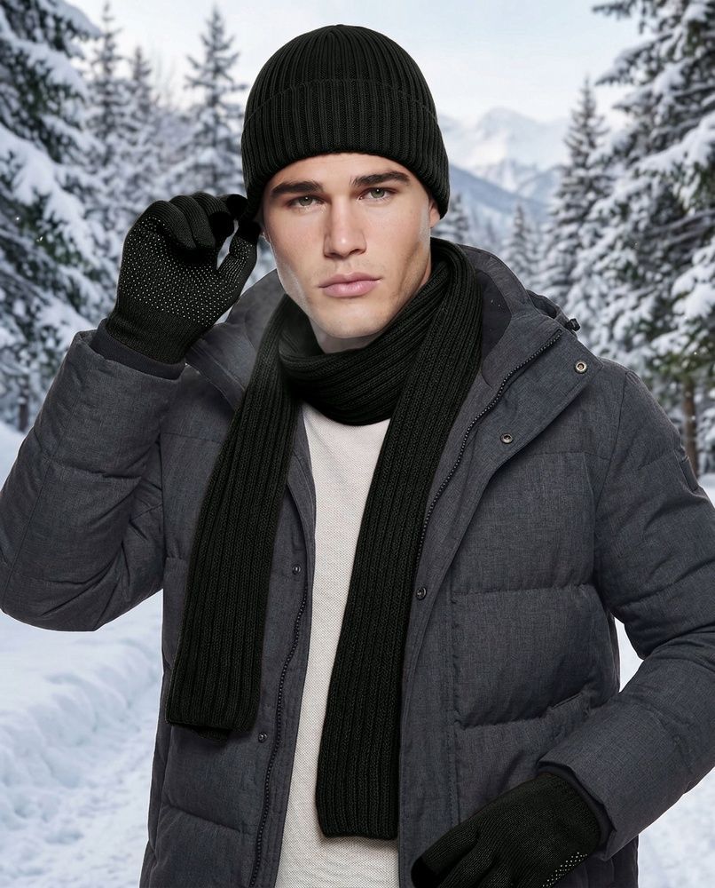Мужской зимний вязаный термокомплект 3в1 Nordvik SummitKnit Pro - шапка на флисе, длинный шарф и сенсорные антискользящие перчатки Black