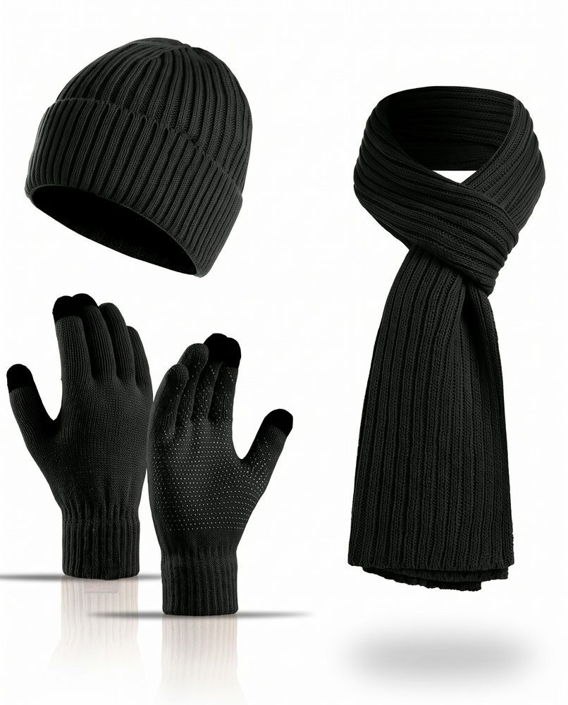 Мужской зимний вязаный термокомплект 3в1 Nordvik SummitKnit Pro - шапка на флисе, длинный шарф и сенсорные антискользящие перчатки Black