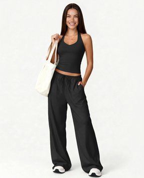Женский прогулочный костюм Nordvik Urban-Flow: Широкие брюки Palazzo и моделирующий топ Halter-Neck Black