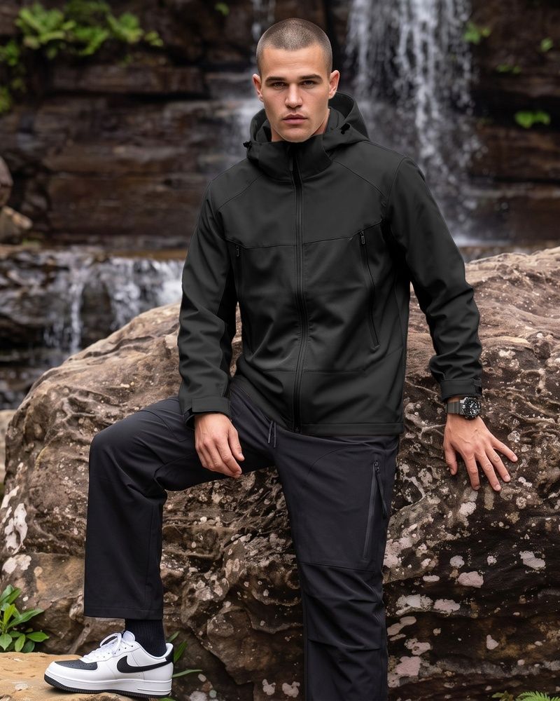 Мужская водоотталкивающая и ветрозащитная куртка Nordvik Explore Aero-Shield Softshell с отстегивающимся капюшоном Black, 2XL