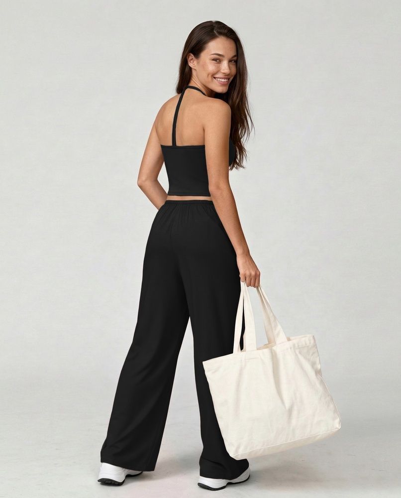 Женский прогулочный костюм Nordvik Urban-Flow: Широкие брюки Palazzo и моделирующий топ Halter-Neck Black