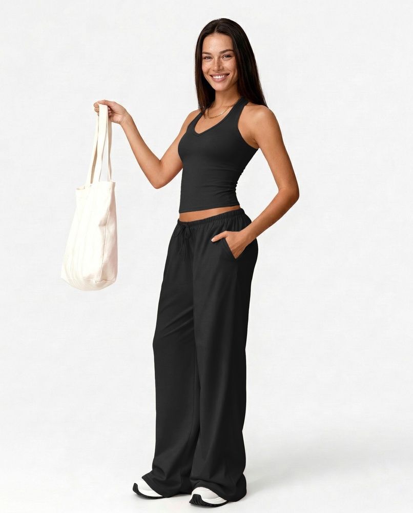 Женский прогулочный костюм Nordvik Urban-Flow: Широкие брюки Palazzo и моделирующий топ Halter-Neck Black