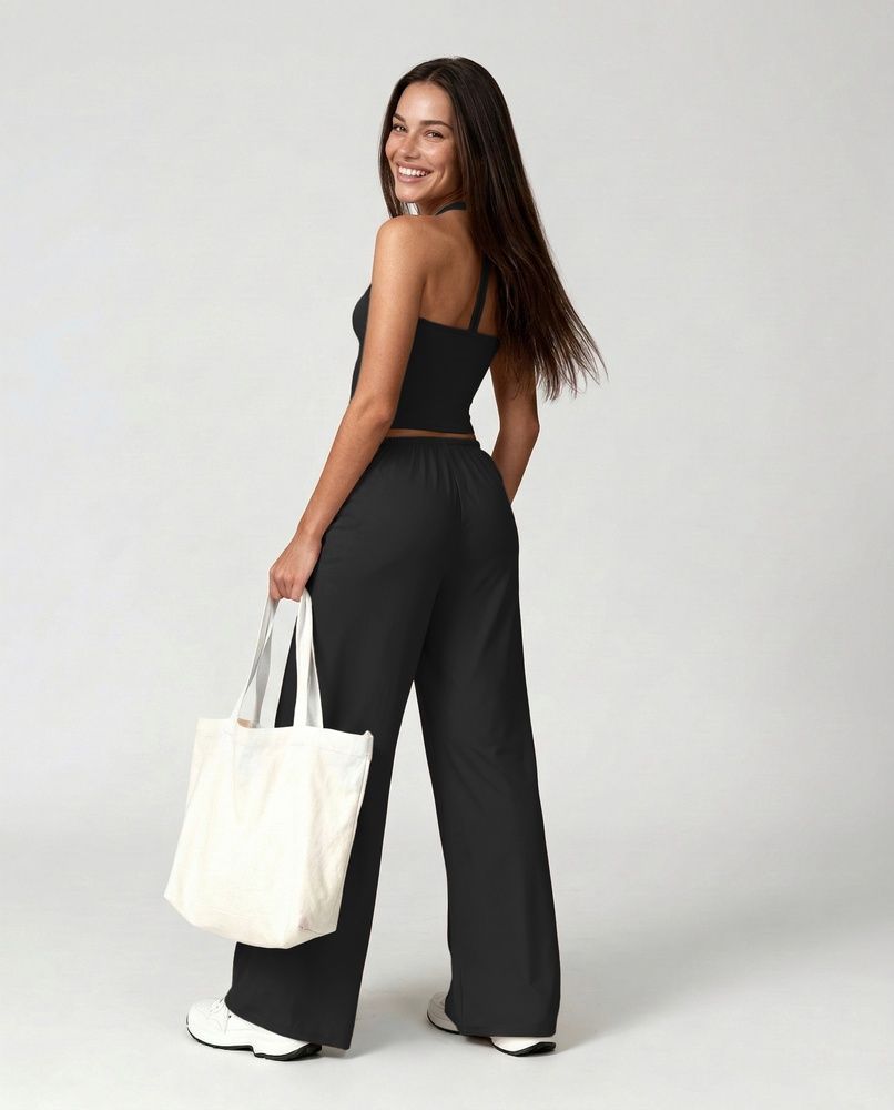 Женский прогулочный костюм Nordvik Urban-Flow: Широкие брюки Palazzo и моделирующий топ Halter-Neck Black