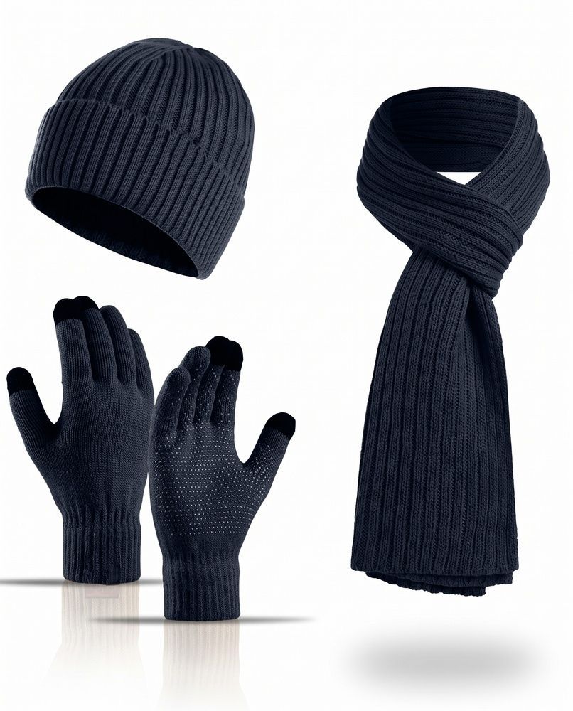 Мужской зимний вязаный термокомплект 3в1 Nordvik SummitKnit Pro - шапка на флисе, длинный шарф и сенсорные антискользящие перчатки Navy