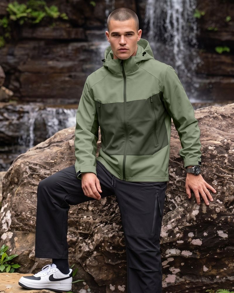 Мужская водоотталкивающая и ветрозащитная куртка Nordvik Explore Aero-Shield Softshell с отстегивающимся капюшоном Green, 2XL