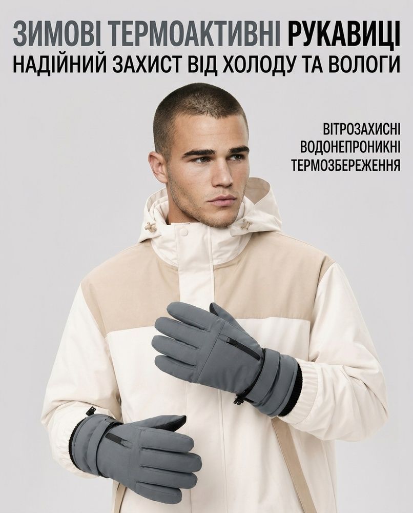 Мужские горнолыжные термоперчатки Nordvik StormShield Pro - водонепроницаемые с защитой Teflon и тройной теплоизоляцией Grey