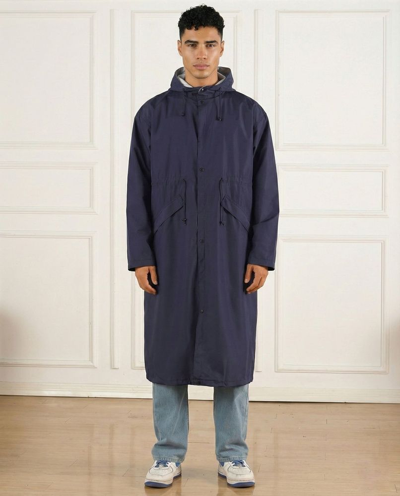 Мужской штормовой плащ-дождевик Nordvik Urban Storm Deep Blue удлиненного кроя на молнии с глубоким капюшоном, One size