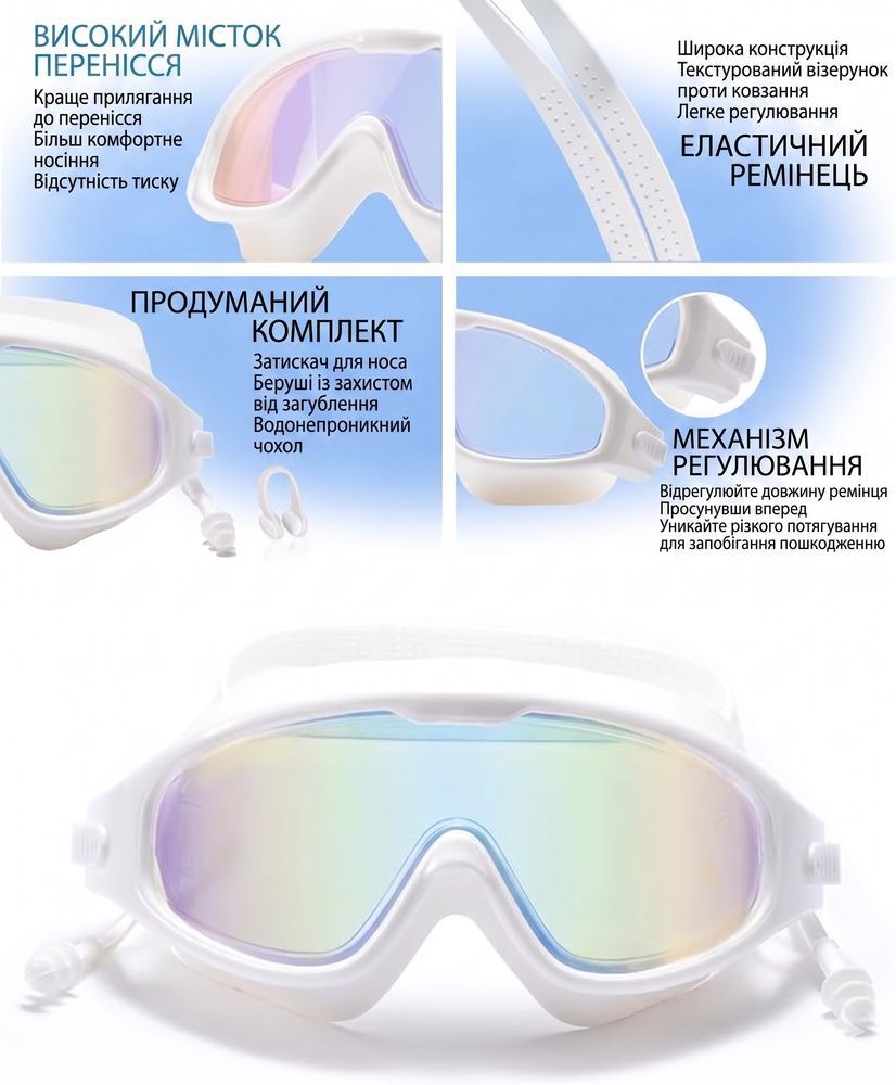 Очки для плавания Nordvik HorizonPro панорамные с антифогом и UV-защитой White