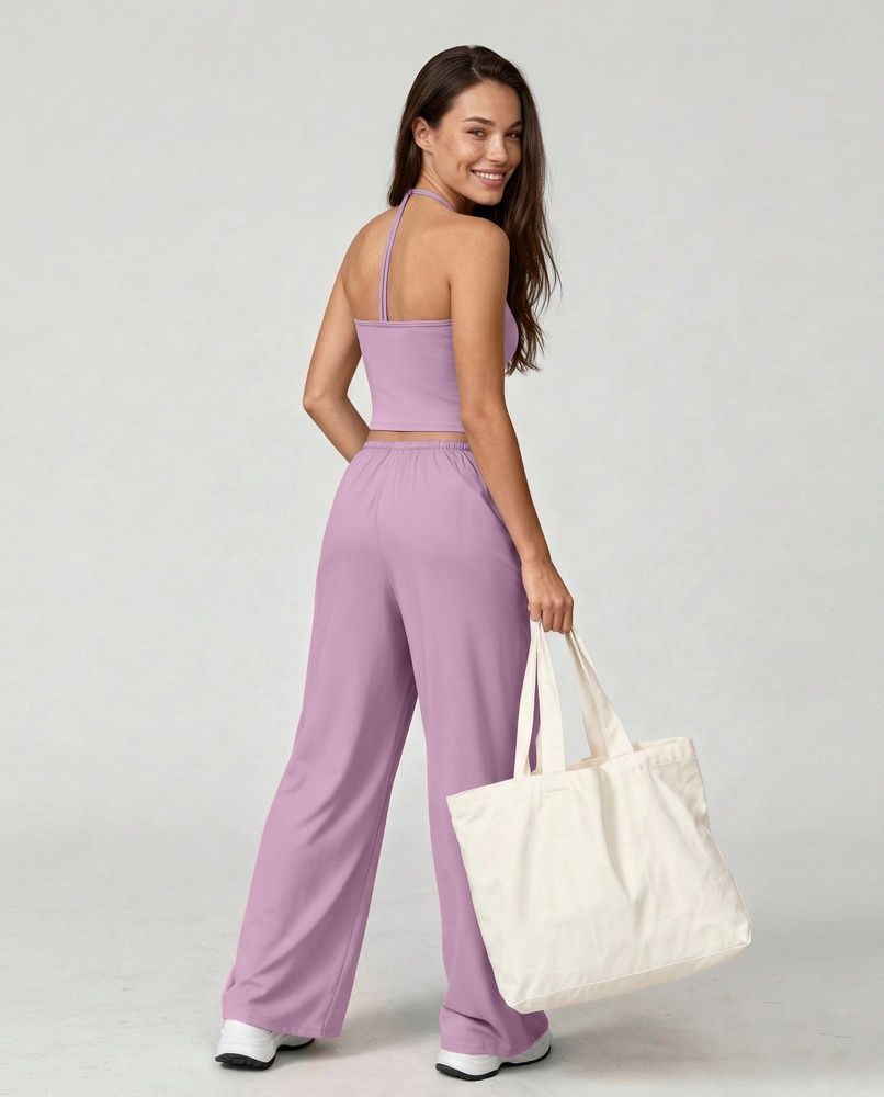 Жіночий прогулянковий костюм Nordvik Urban-Flow: Широкі штани Palazzo та моделюючий топ Halter-Neck Lilac
