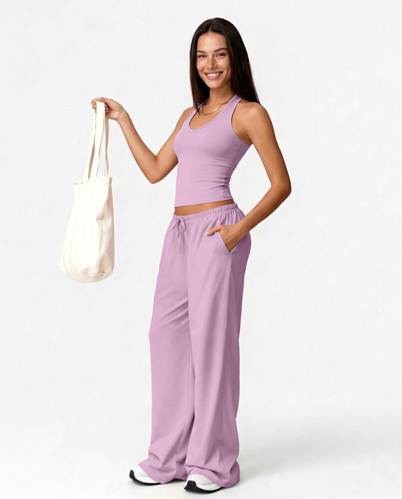 Жіночий прогулянковий костюм Nordvik Urban-Flow: Широкі штани Palazzo та моделюючий топ Halter-Neck Lilac