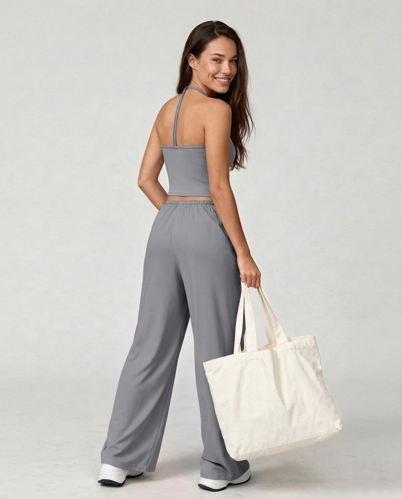 Жіночий прогулянковий костюм Nordvik Urban-Flow: Широкі штани Palazzo та моделюючий топ Halter-Neck Grey