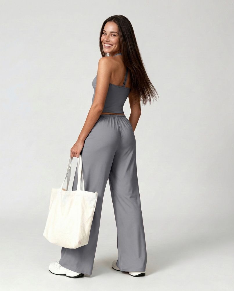 Жіночий прогулянковий костюм Nordvik Urban-Flow: Широкі штани Palazzo та моделюючий топ Halter-Neck Grey