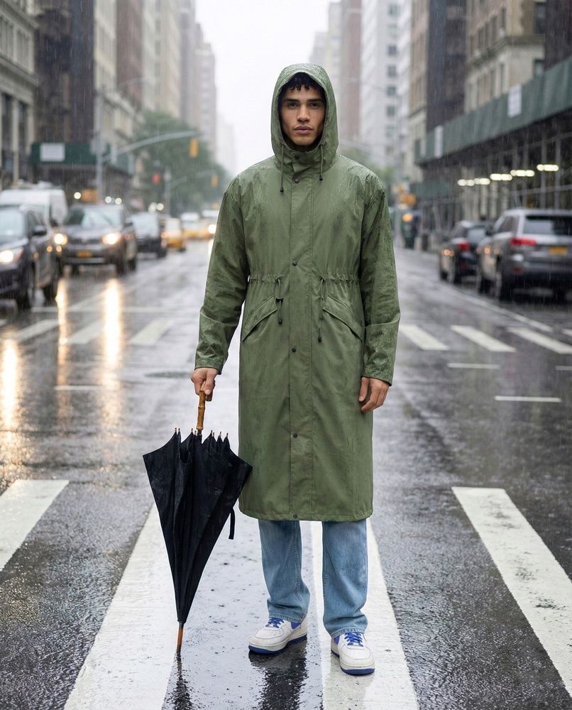 Мужской штормовой плащ-дождевик Nordvik Urban Storm Forest Green удлиненного кроя на молнии с глубоким капюшоном, One size