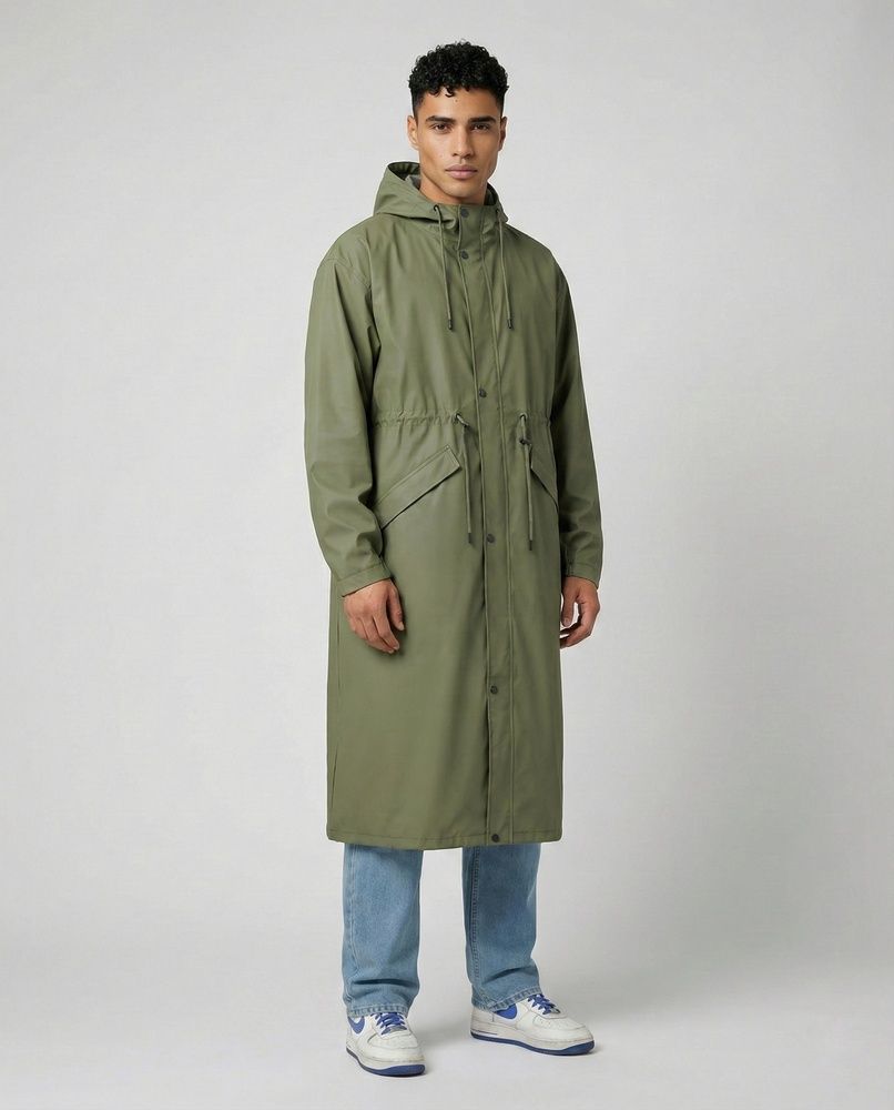 Мужской штормовой плащ-дождевик Nordvik Urban Storm Forest Green удлиненного кроя на молнии с глубоким капюшоном, One size