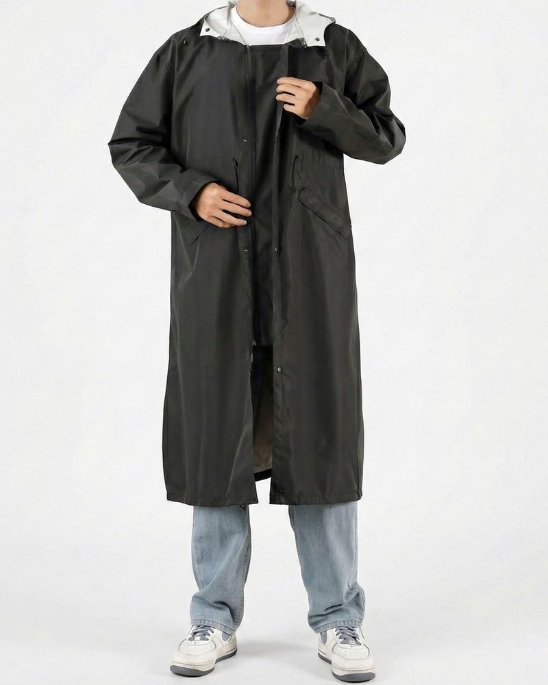 Мужской штормовой плащ-дождевик Nordvik Urban Storm Deep Black удлиненного кроя на молнии с глубоким капюшоном, One size