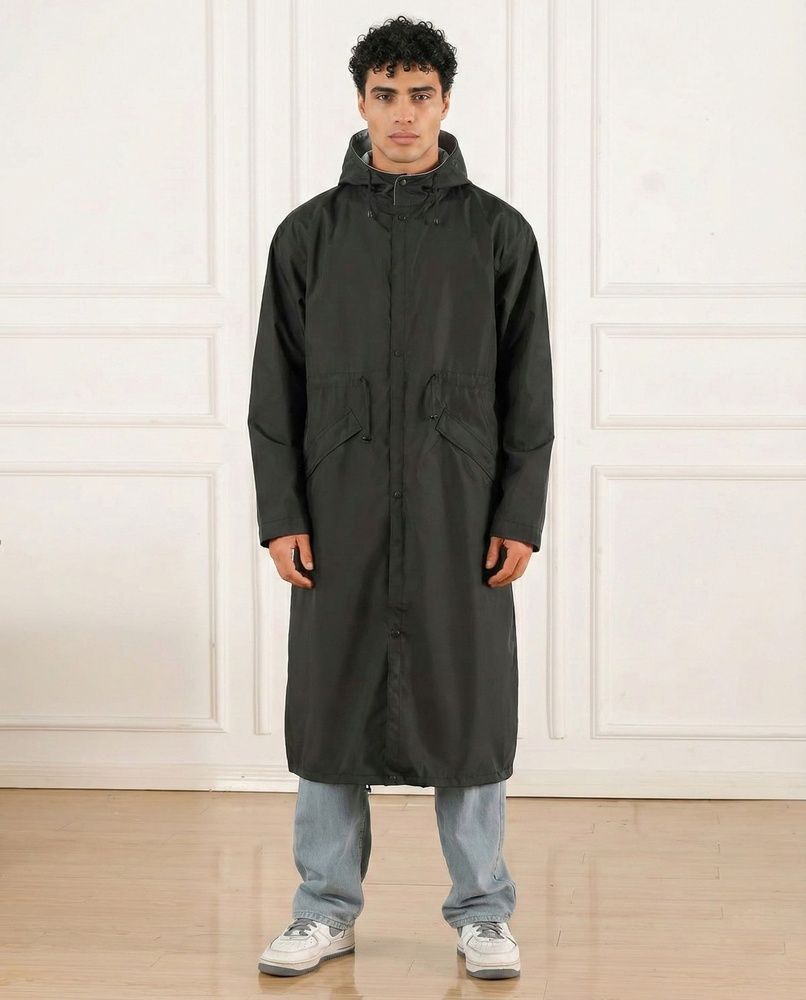 Мужской штормовой плащ-дождевик Nordvik Urban Storm Deep Black удлиненного кроя на молнии с глубоким капюшоном, One size