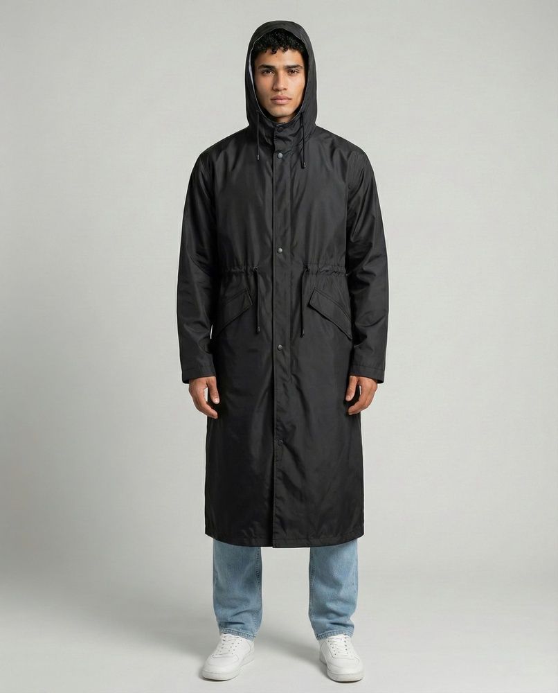 Мужской штормовой плащ-дождевик Nordvik Urban Storm Deep Black удлиненного кроя на молнии с глубоким капюшоном, One size